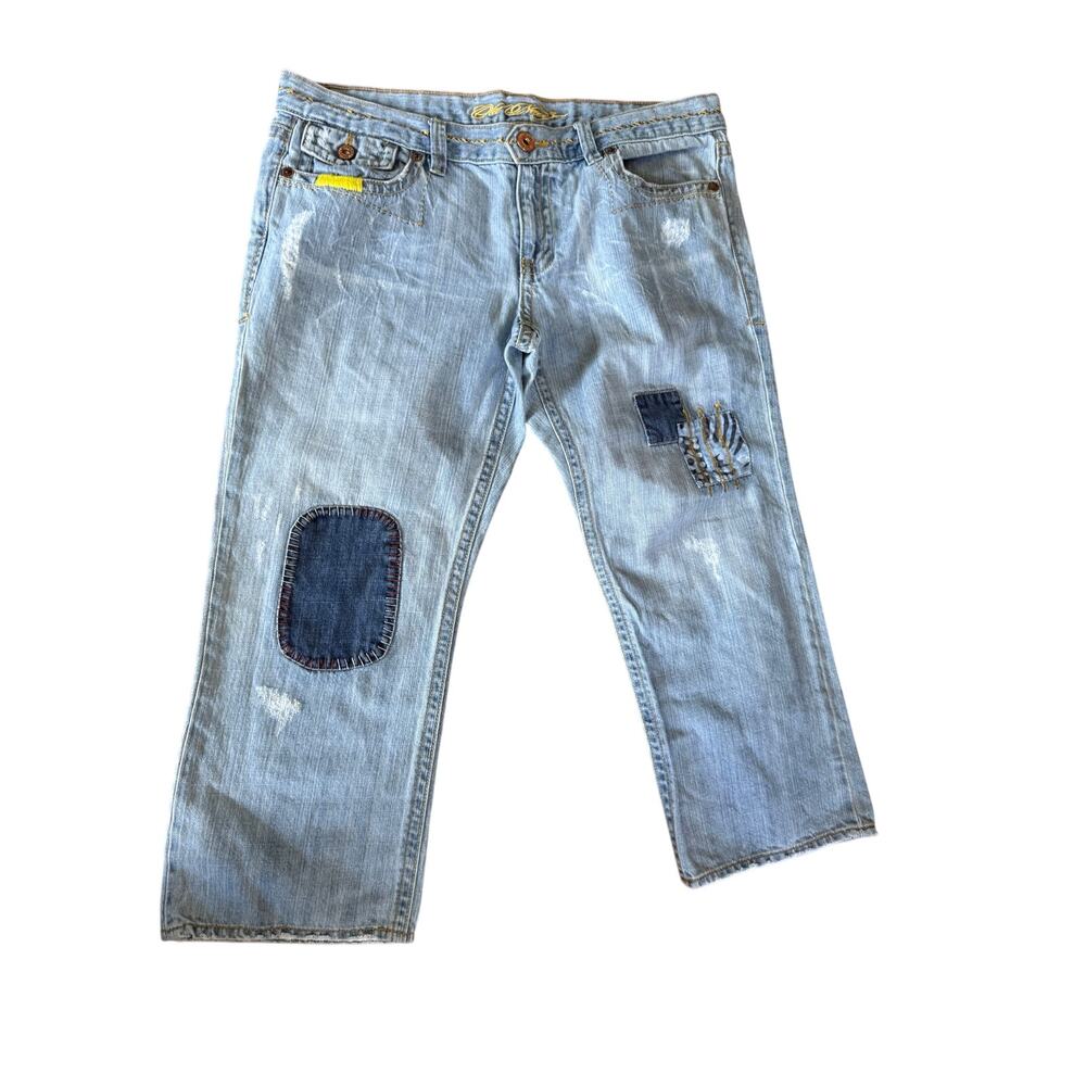 Old Navy y2k light wash patchwork cut off blue jeans